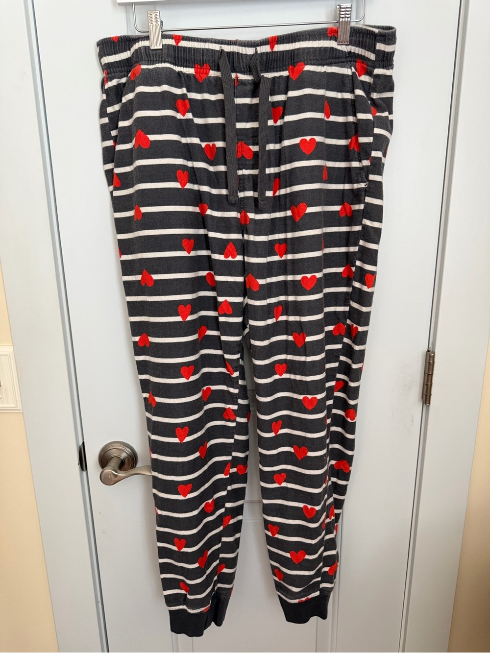 Old Navy Black & White Striped Pajama Pants with Red Hearts